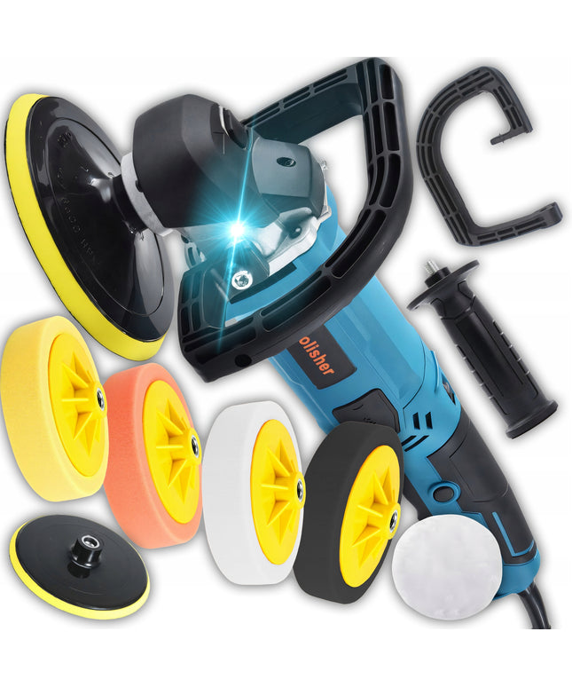 Galingas automobilinis poliruoklis/šlifuoklis su reguliuojamais apsukais ir kempinių rinkiniu, 2900W