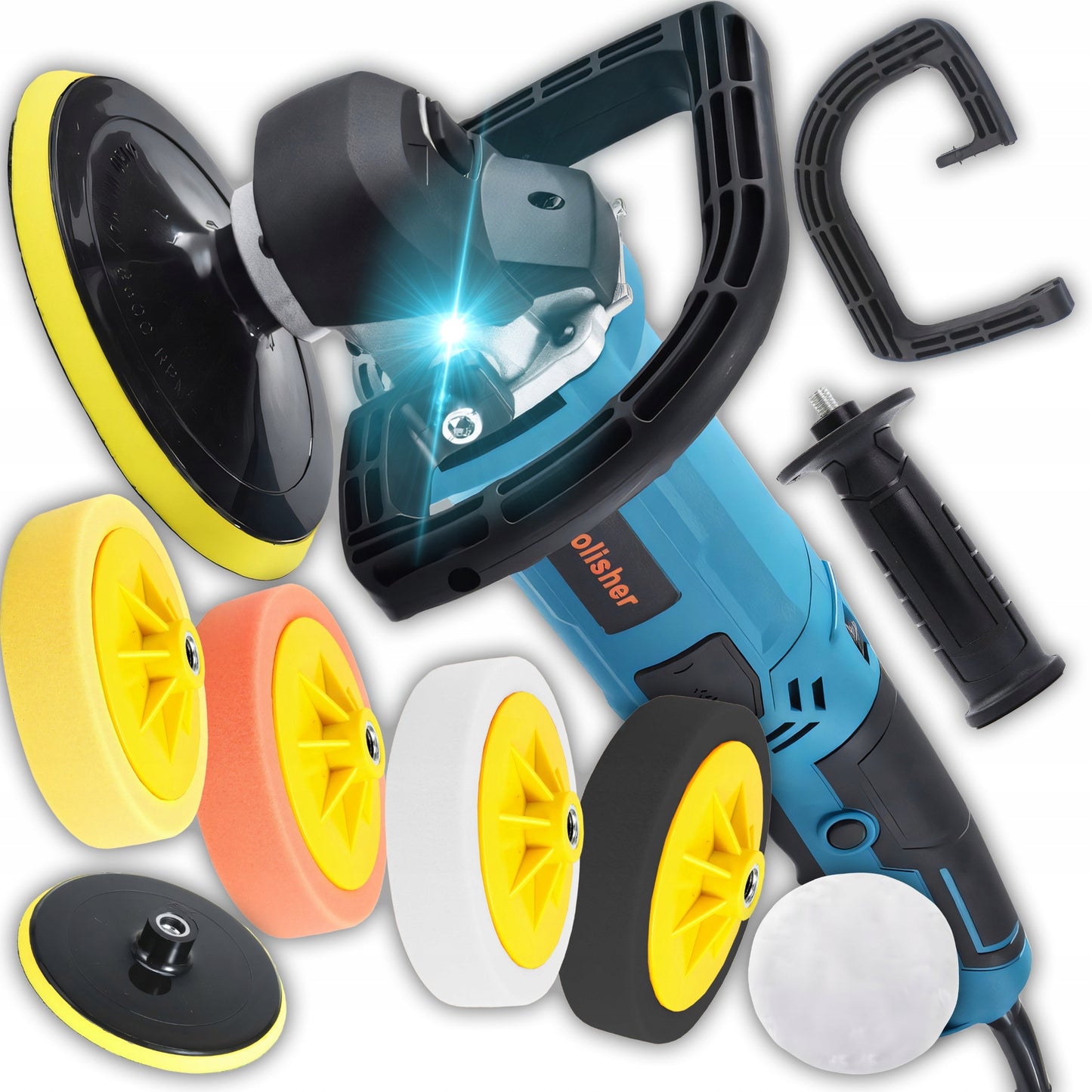 Galingas automobilinis poliruoklis/šlifuoklis su reguliuojamais apsukais ir kempinių rinkiniu, 2900W