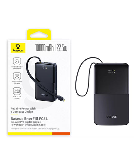 Baseus Bipow2 Pro išorinė baterija 10000 mAh 22.5W su integruotu USB-C kabeliu