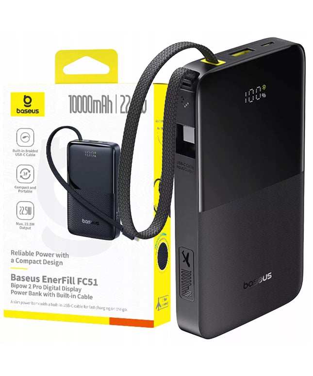 Baseus Bipow2 Pro išorinė baterija 10000 mAh 22.5W su integruotu USB-C kabeliu