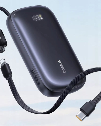 BASEUS 10000 mAh 45W galios išorinė baterija su USB-C ir USB-A jungtimis bei nuimamu „Lightning“ kabeliu