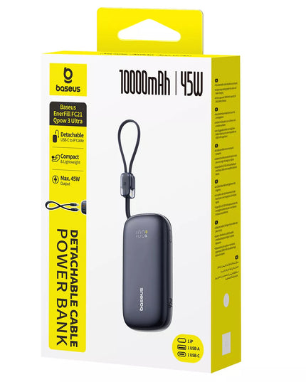 BASEUS 10000 mAh 45W galios išorinė baterija su USB-C ir USB-A jungtimis bei nuimamu „Lightning“ kabeliu