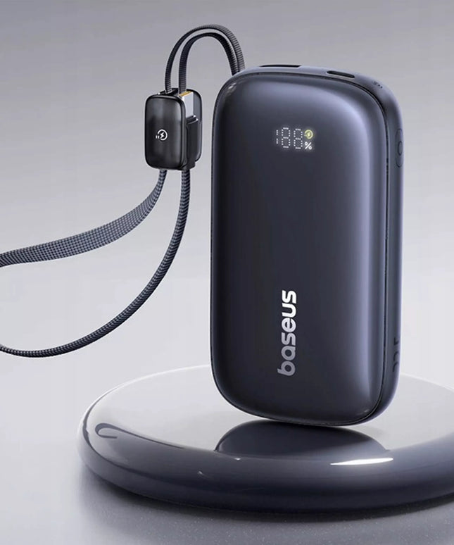 BASEUS 10000 mAh 45W galios išorinė baterija su USB-C ir USB-A jungtimis bei nuimamu „Lightning“ kabeliu
