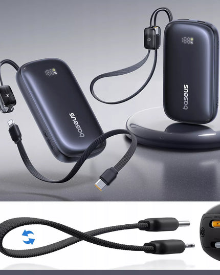 BASEUS 10000 mAh 45W galios išorinė baterija su USB-C ir USB-A jungtimis bei nuimamu „Lightning“ kabeliu