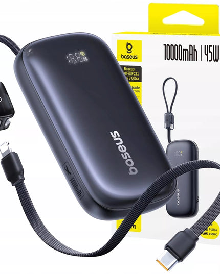 BASEUS 10000 mAh 45W galios išorinė baterija su USB-C ir USB-A jungtimis bei nuimamu „Lightning“ kabeliu