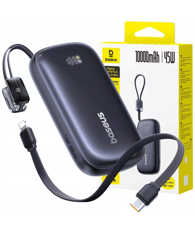 BASEUS 10000 mAh 45W galios išorinė baterija su USB-C ir USB-A jungtimis bei nuimamu „Lightning“ kabeliu