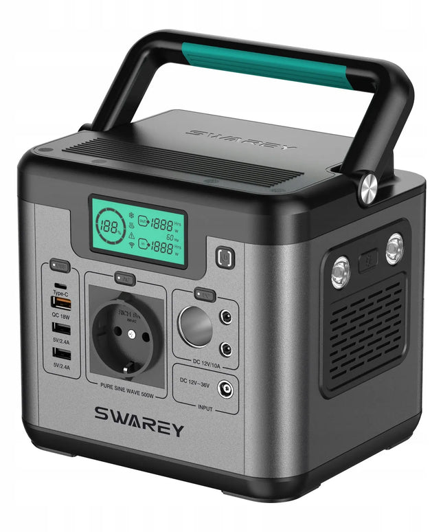 SWAREY S500 nešiojamoji elektros stotelė, 518 Wh, 500 W + 200 W sulankstomas saulės baterijų skydelis