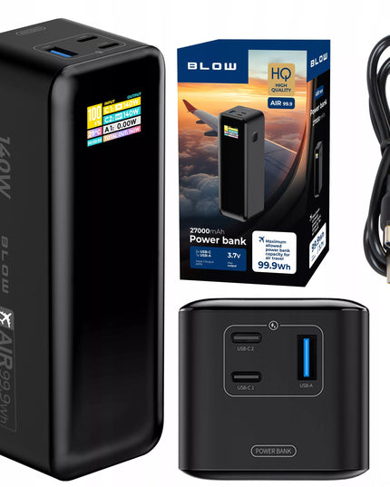 Išorinė baterija BLOW 27000 mAh 140W QC PD USB-C LCD, skirta nešiojamiesiems kompiuteriams ir lėktuvams