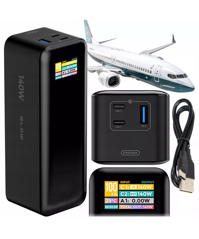 Išorinė baterija BLOW 27000 mAh 140W QC PD USB-C LCD, skirta nešiojamiesiems kompiuteriams ir lėktuvams