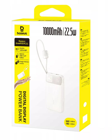 BASEUS 10000 mAh 22.5W maitinimo bankas su integruotais USB-C ir Lightning laidais, greitas įkrovimas