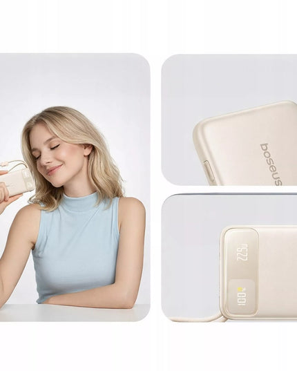 BASEUS 10000 mAh 22.5W maitinimo bankas su integruotais USB-C ir Lightning laidais, greitas įkrovimas