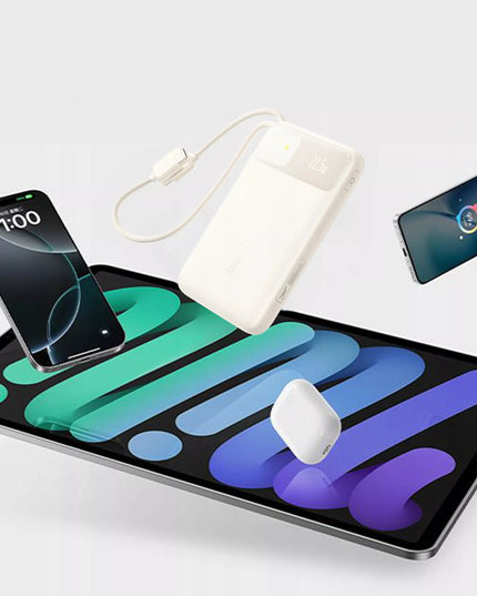 BASEUS 10000 mAh 22.5W maitinimo bankas su integruotais USB-C ir Lightning laidais, greitas įkrovimas