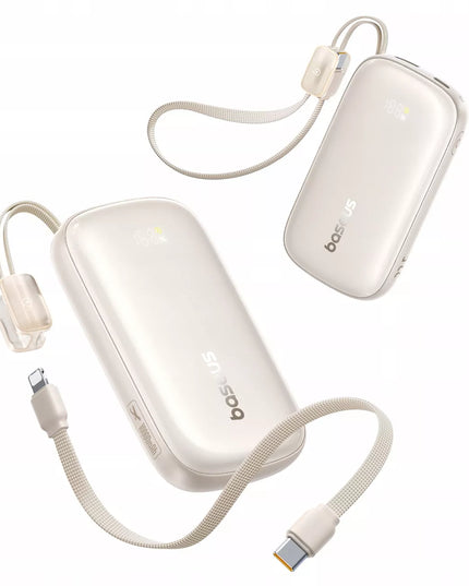 BASEUS išorinė baterija 10000 mAh 22.5W USB-C USB-A su integruotu atjungiamu USB-C į Lightning kabeliu