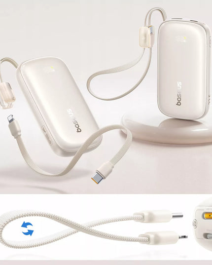 BASEUS išorinė baterija 10000 mAh 22.5W USB-C USB-A su integruotu atjungiamu USB-C į Lightning kabeliu