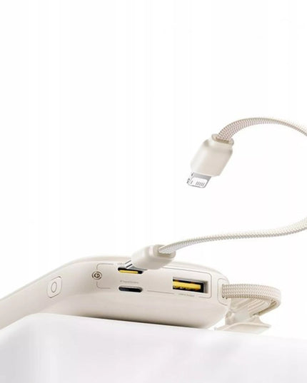 BASEUS išorinė baterija 10000 mAh 22.5W USB-C USB-A su integruotu atjungiamu USB-C į Lightning kabeliu