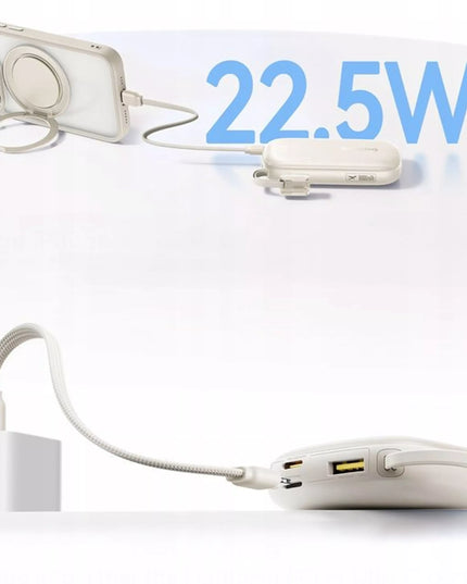 BASEUS išorinė baterija 10000 mAh 22.5W USB-C USB-A su integruotu atjungiamu USB-C į Lightning kabeliu
