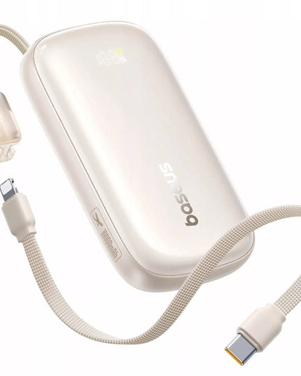 BASEUS išorinė baterija 10000 mAh 22.5W USB-C USB-A su integruotu atjungiamu USB-C į Lightning kabeliu