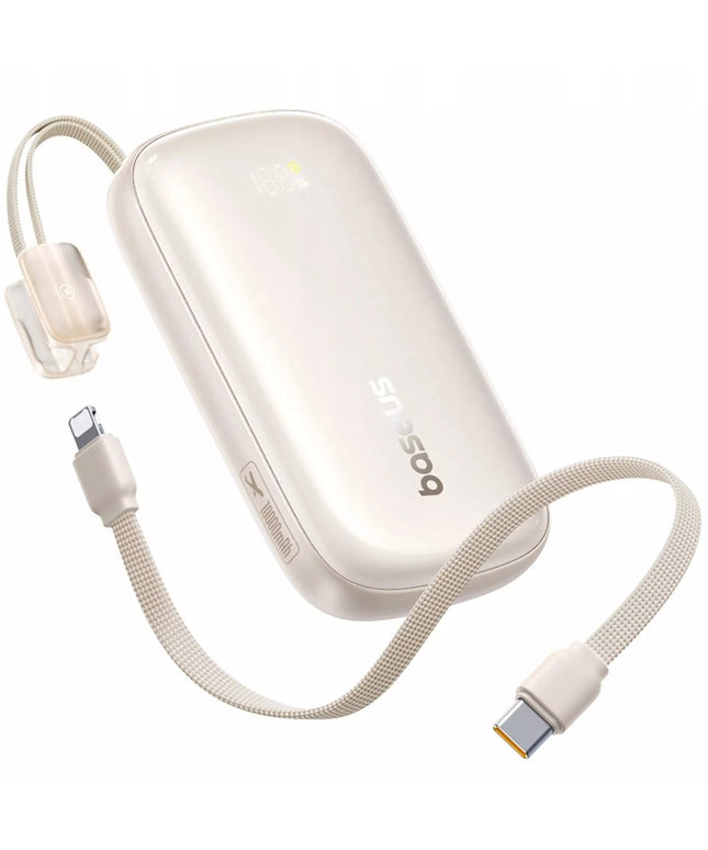 BASEUS išorinė baterija 10000 mAh 22.5W USB-C USB-A su integruotu atjungiamu USB-C į Lightning kabeliu