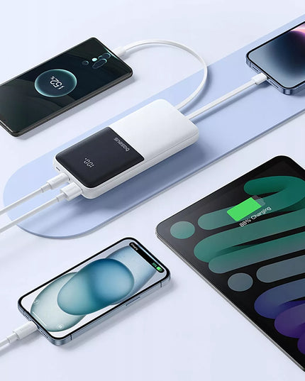 BASEUS išorinė baterija 10000 mAh 22,5W su integruotais USB-C ir Lightning laidais