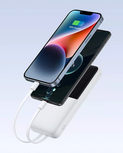 BASEUS išorinė baterija 10000 mAh 22,5W su integruotais USB-C ir Lightning laidais