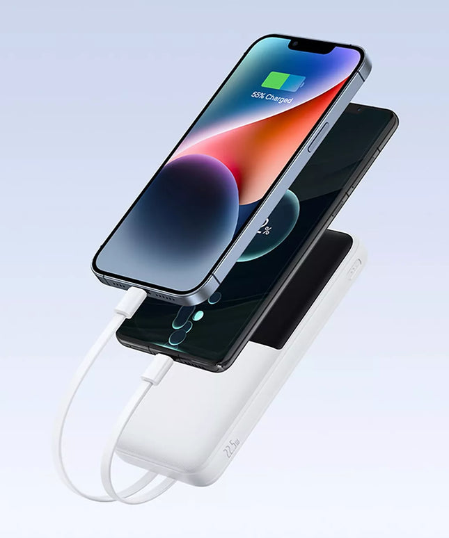 BASEUS išorinė baterija 10000 mAh 22,5W su integruotais USB-C ir Lightning laidais