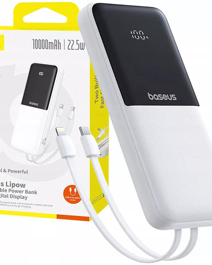 BASEUS išorinė baterija 10000 mAh 22,5W su integruotais USB-C ir Lightning laidais