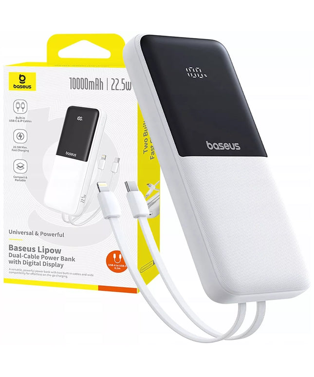 BASEUS išorinė baterija 10000 mAh 22,5W su integruotais USB-C ir Lightning laidais