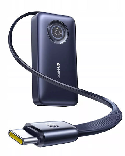 BASEUS išorinė baterija 10000 mAh 45W USB-C su ištraukiamu USB-C laidu ir ekranu