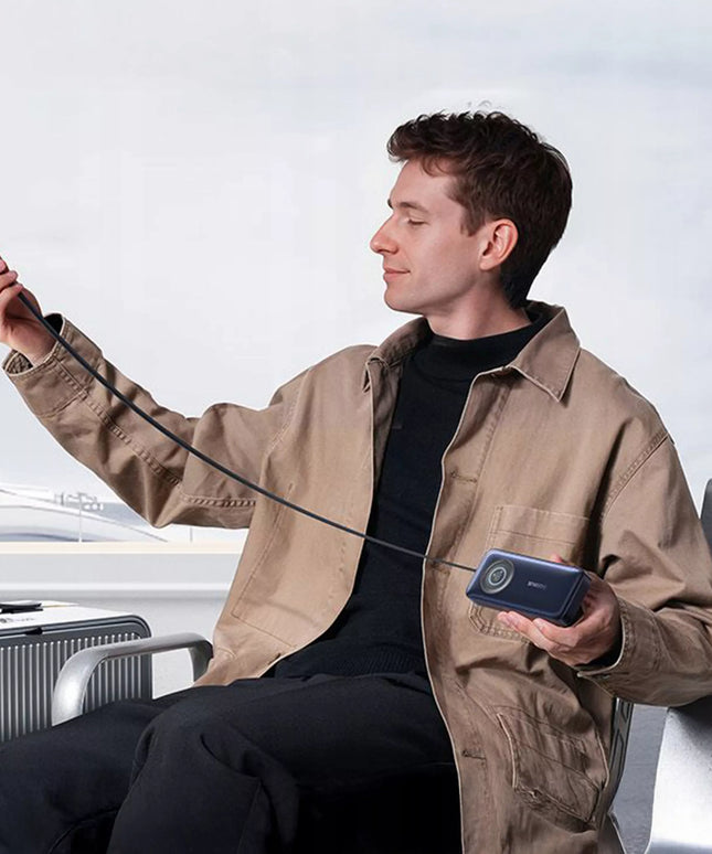 BASEUS išorinė baterija 10000 mAh 45W USB-C su ištraukiamu USB-C laidu ir ekranu