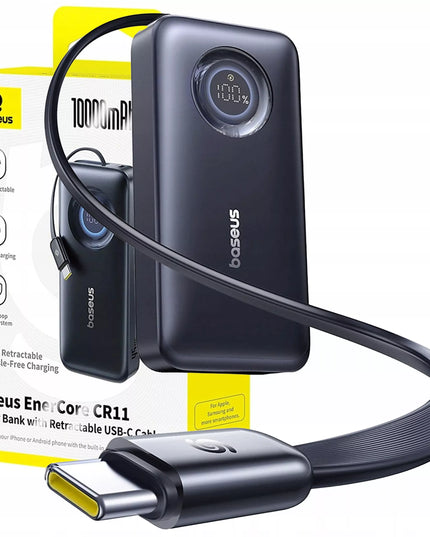 BASEUS išorinė baterija 10000 mAh 45W USB-C su ištraukiamu USB-C laidu ir ekranu