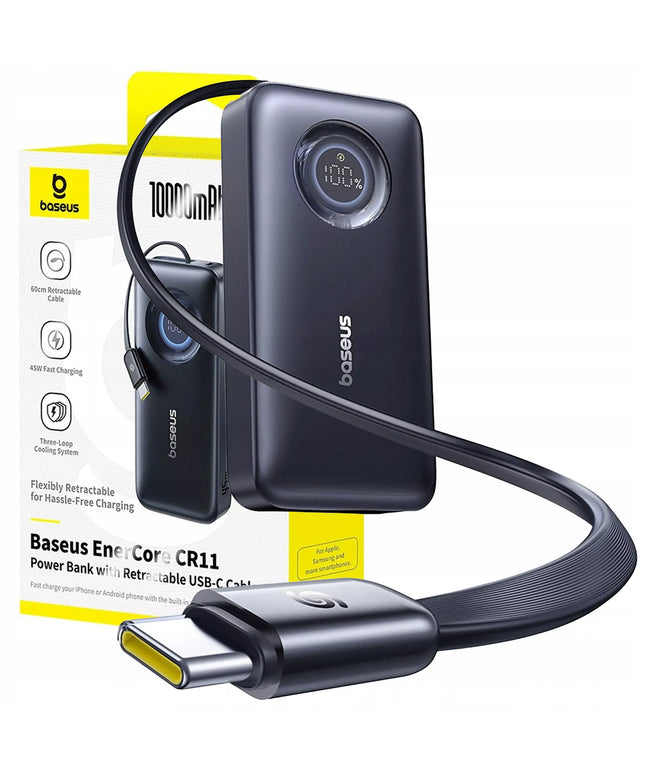 BASEUS išorinė baterija 10000 mAh 45W USB-C su ištraukiamu USB-C laidu ir ekranu