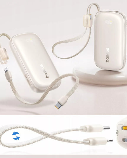 BASEUS išorinė baterija 10000 mAh 45W su ekranu ir nuimamu USB-C/Lightning laidu