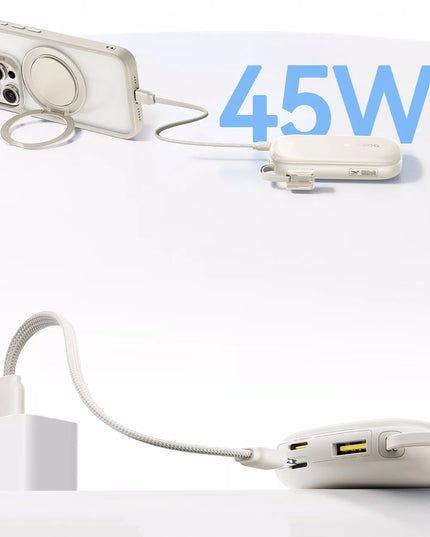 BASEUS išorinė baterija 10000 mAh 45W su ekranu ir nuimamu USB-C/Lightning laidu