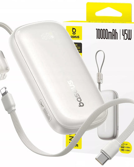 BASEUS išorinė baterija 10000 mAh 45W su ekranu ir nuimamu USB-C/Lightning laidu