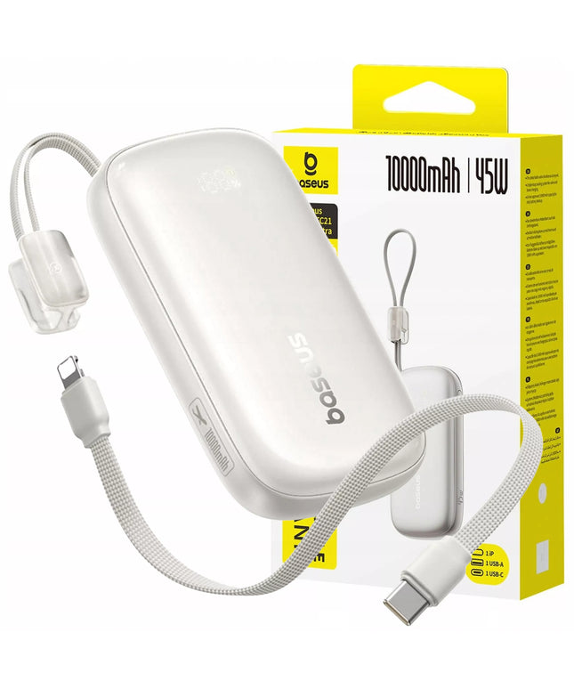 BASEUS išorinė baterija 10000 mAh 45W su ekranu ir nuimamu USB-C/Lightning laidu