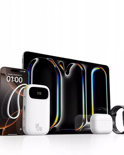 BASEUS išorinis akumuliatorius 10000 mAh 45W su USB-C ir Lightning laidu bei ekranu