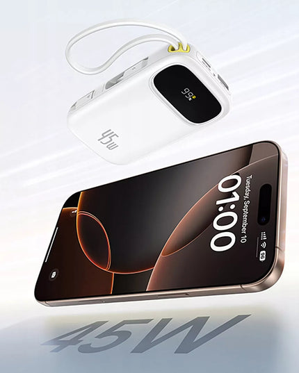 BASEUS išorinis akumuliatorius 10000 mAh 45W su USB-C ir Lightning laidu bei ekranu