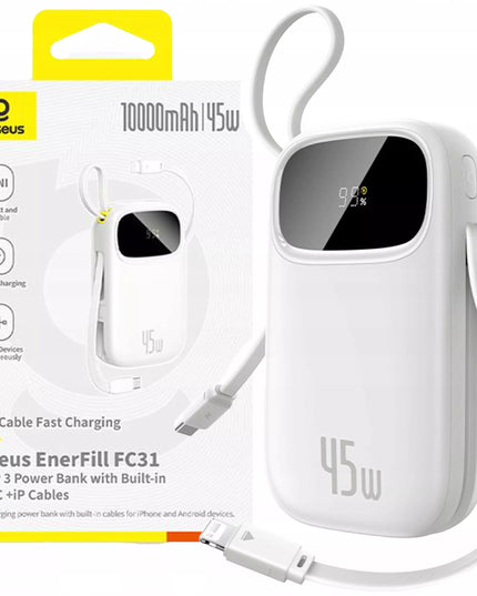 BASEUS išorinis akumuliatorius 10000 mAh 45W su USB-C ir Lightning laidu bei ekranu