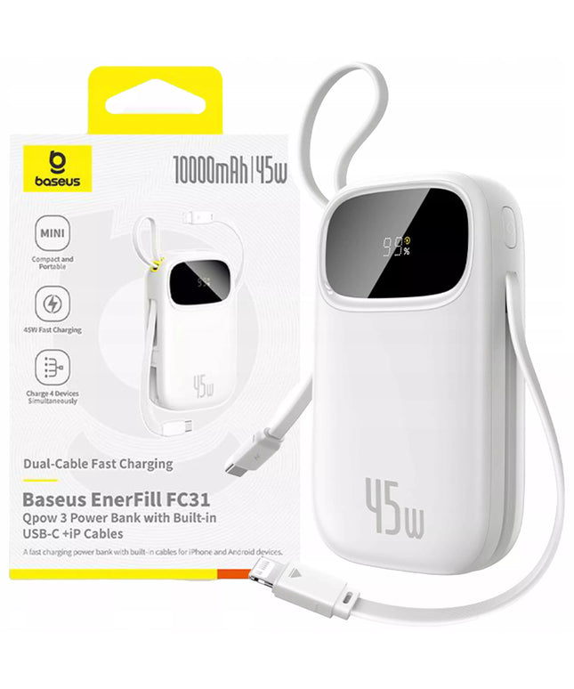 BASEUS išorinis akumuliatorius 10000 mAh 45W su USB-C ir Lightning laidu bei ekranu