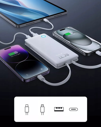 BASEUS išorinė baterija 10000mAh 22,5W su USB-C ir Lightning laidais, skirta iPhone ir Android