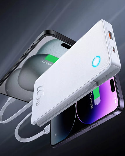 BASEUS išorinė baterija 10000mAh 22,5W su USB-C ir Lightning laidais, skirta iPhone ir Android