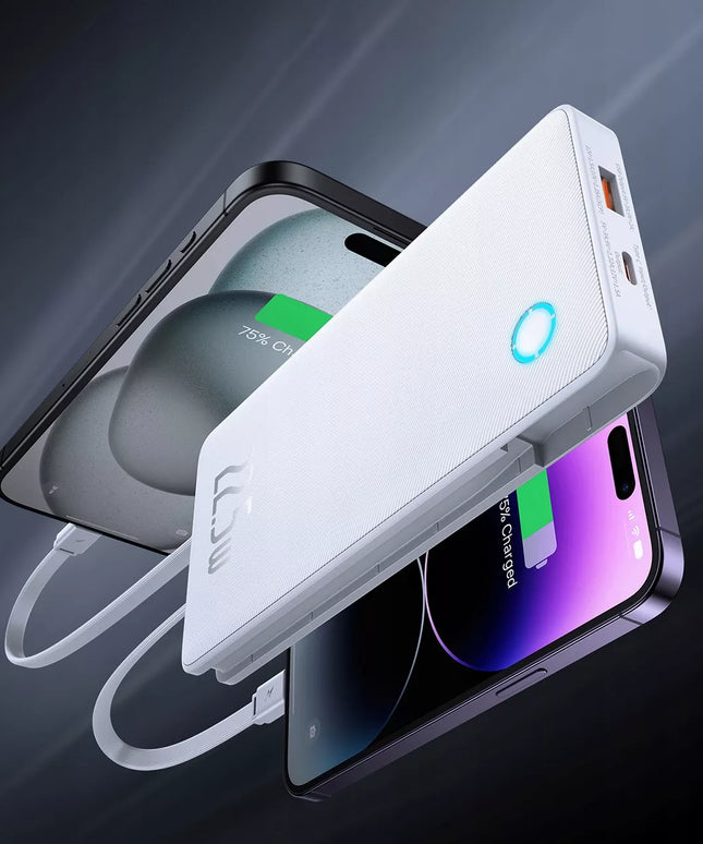 BASEUS išorinė baterija 10000mAh 22,5W su USB-C ir Lightning laidais, skirta iPhone ir Android