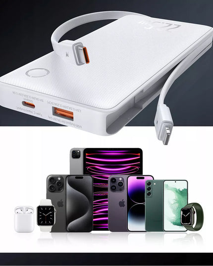 BASEUS išorinė baterija 10000mAh 22,5W su USB-C ir Lightning laidais, skirta iPhone ir Android