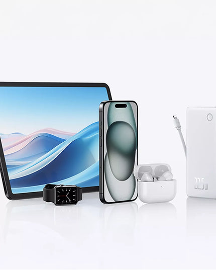 BASEUS išorinė baterija 10000mAh 22,5W su USB-C ir Lightning laidais, skirta iPhone ir Android
