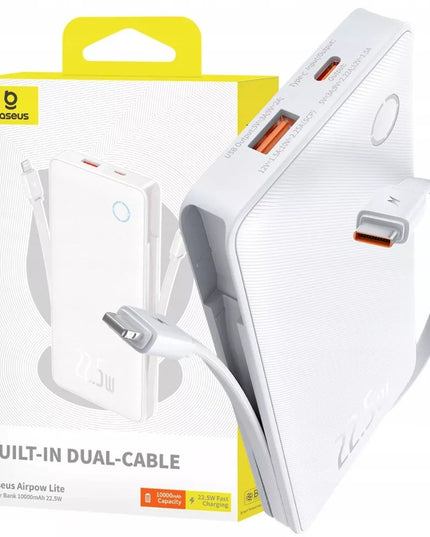 BASEUS išorinė baterija 10000mAh 22,5W su USB-C ir Lightning laidais, skirta iPhone ir Android
