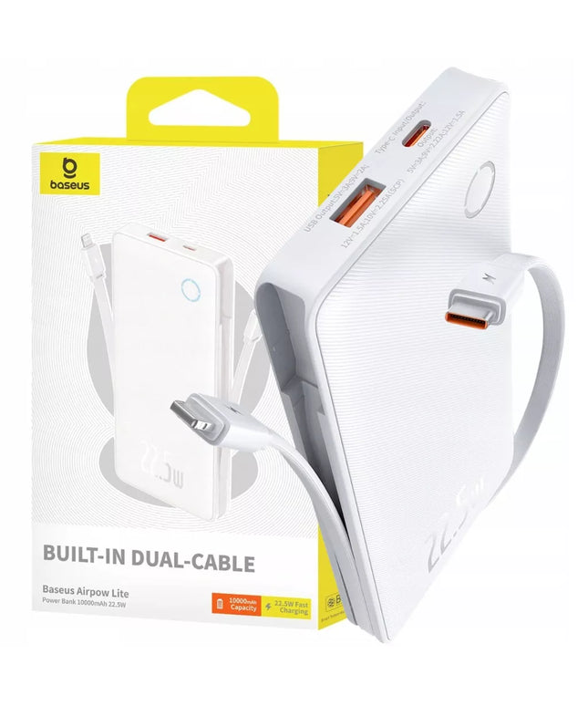 BASEUS išorinė baterija 10000mAh 22,5W su USB-C ir Lightning laidais, skirta iPhone ir Android