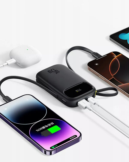 BASEUS išorinė baterija 10000 mAh 45 W USB su laidais USB-C ir LIGHTNING