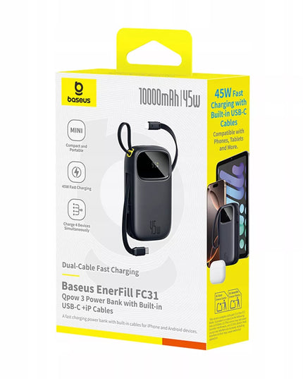 BASEUS išorinė baterija 10000 mAh 45 W USB su laidais USB-C ir LIGHTNING