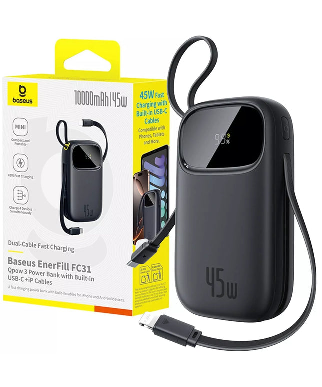 BASEUS išorinė baterija 10000 mAh 45 W USB su laidais USB-C ir LIGHTNING