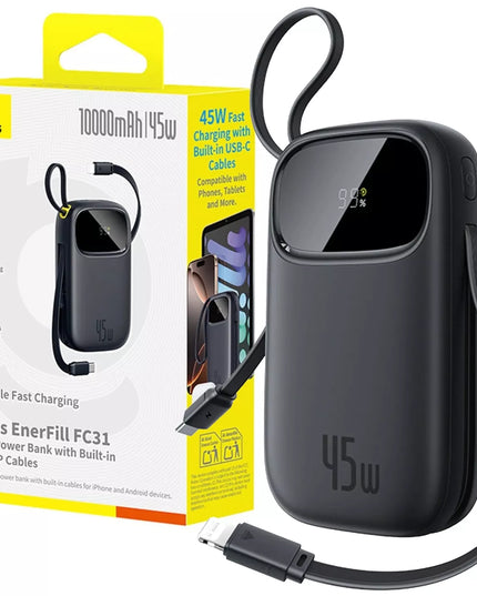 BASEUS išorinė baterija 10000 mAh 45 W USB su laidais USB-C ir LIGHTNING